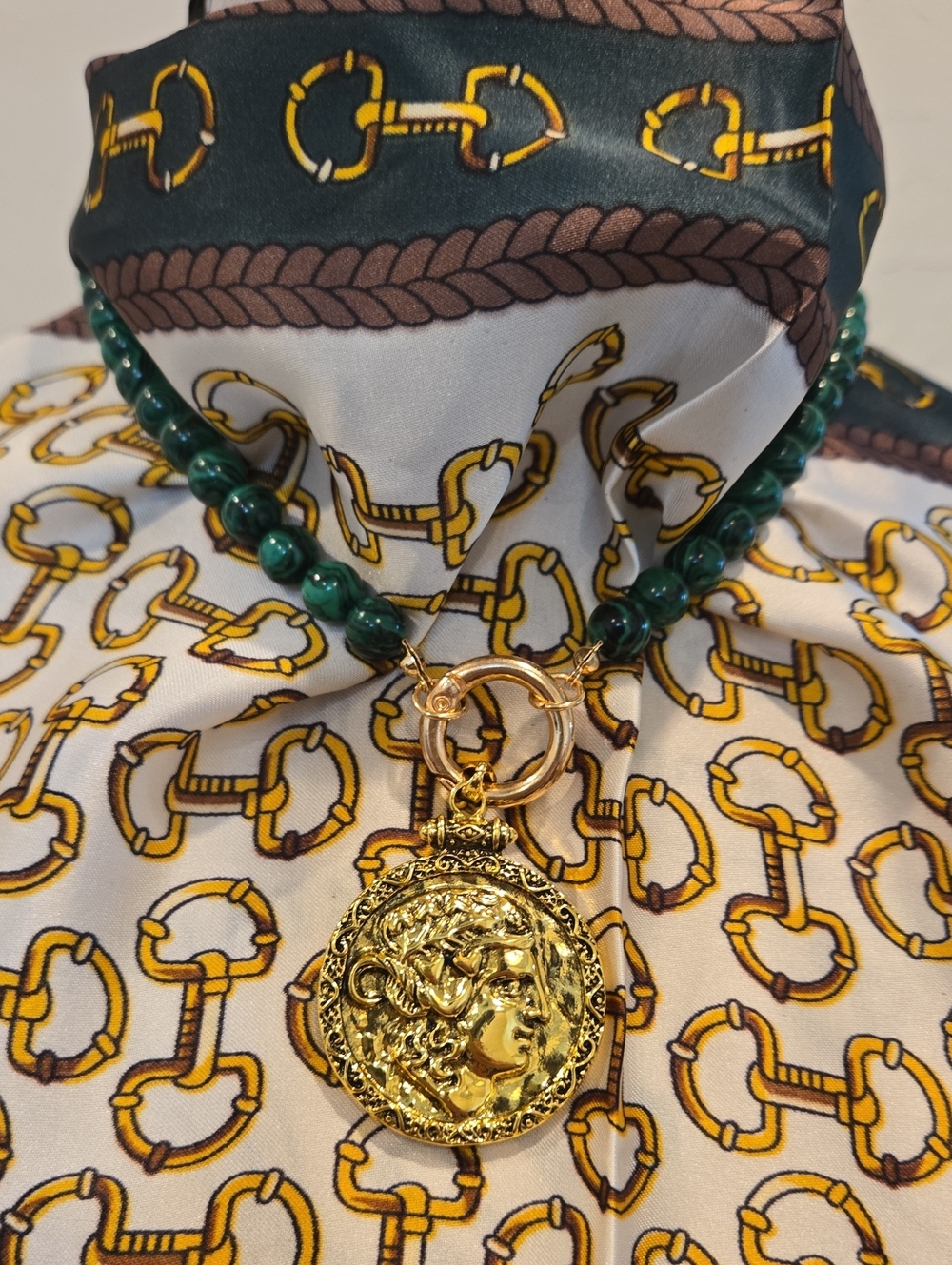 Custom Gold Medallion Pendant Necklace On Modern Green Beaded Chain. New.